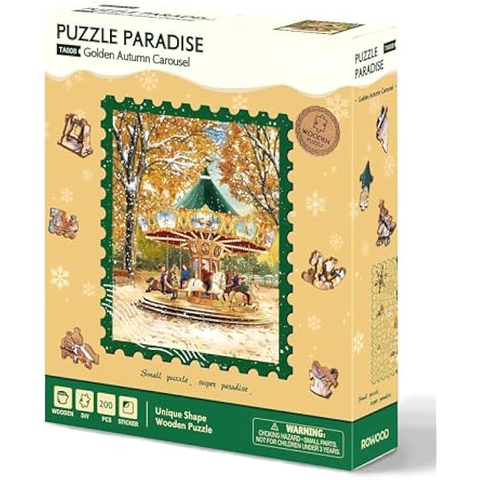 WOODEN CHRISTMAS TOWN 3D JIGSAW PUZZLE, DIY MODEL KIT FOR ADULTS, 32 X 24 X 5 CM, ADVANCED SKILL LEVEL (GOLDEN AUTUMN CAROUSEL) - Image 2